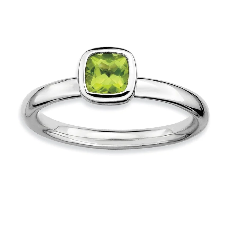 Classic And Modern Jewelry Styles On Sale Silver Stackable Cushion Cut Peridot Solitaire Ring