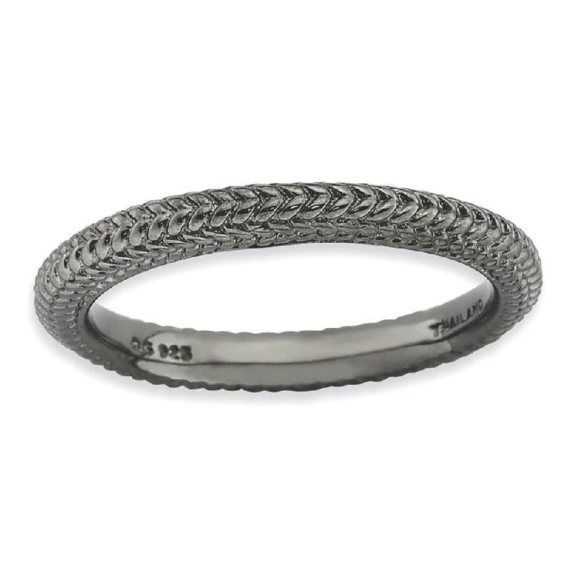 Stackable Black Ruthenium Plated Silver Domed Wheat Band