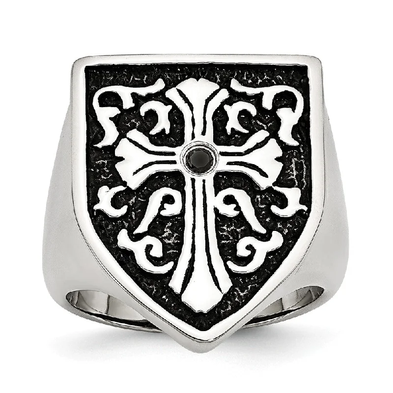 Exclusive Gemstone Jewelry At Special Prices Stainless Steel And Black Diamond Cross Shield Ring