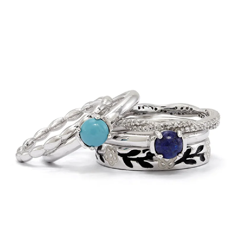 Sterling Silver & Enamel Stackable Natural Stone Ring Set