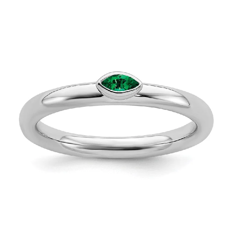 Sterling Silver Marquise Lab Created Emerald Solitaire Stackable Ring