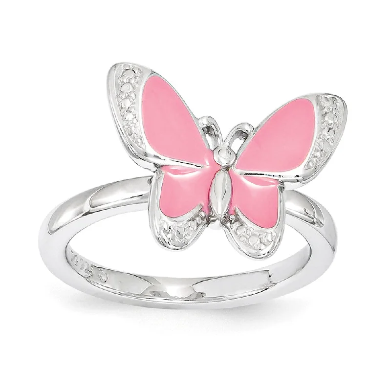 Get Your Favorite Jewelry At The Best Price Sterling Silver & Pink Enamel Stackable 12mm Butterfly Ring