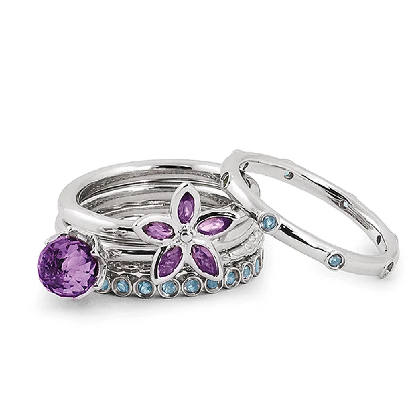 Sterling Silver Stackable Amethyst & Blue Topaz Flower Ring Set