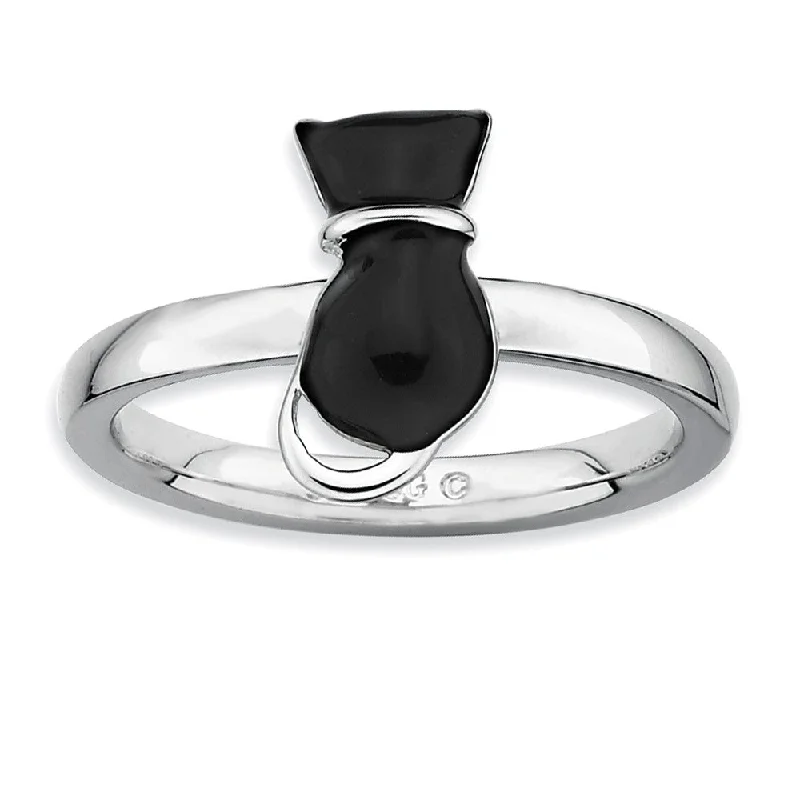 Flash Sale On Stunning Jewelry – Don't Miss Out Sterling Silver Stackable Black Enameled Cat Ring