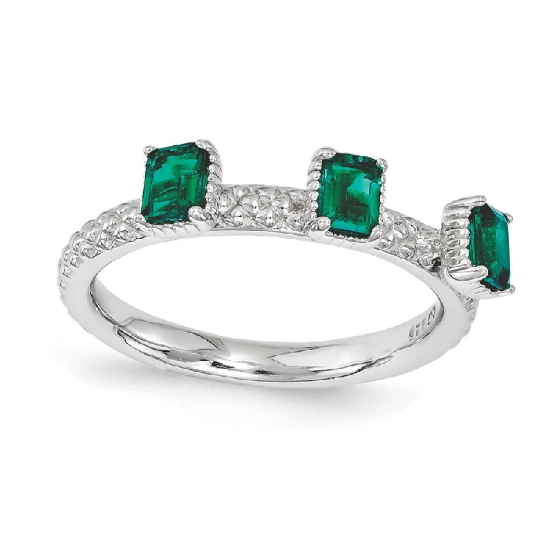 Modern Statement Jewelry For Bold Styling Sterling Silver Stackable Created Emerald Octagon Three Stone Ring