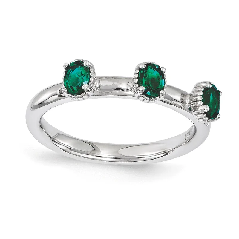 Personalized Engraved Jewelry For Meaningful Gifts Sterling Silver Stackable Created Emerald Oval Three Stone Ring