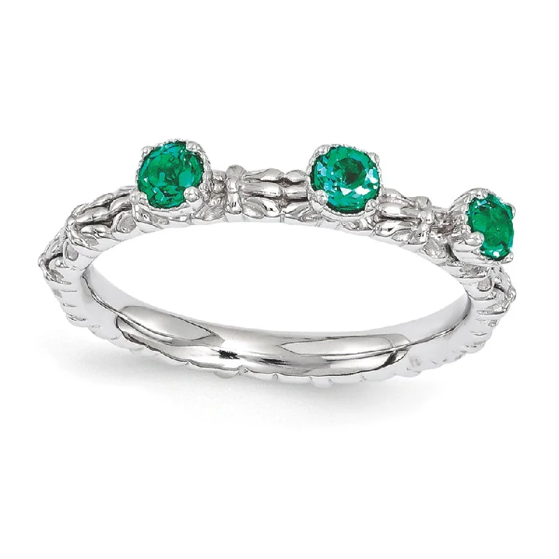 Limited-Time Offer On Elegant Jewelry Pieces Sterling Silver Stackable Created Emerald Round Three Stone Ring