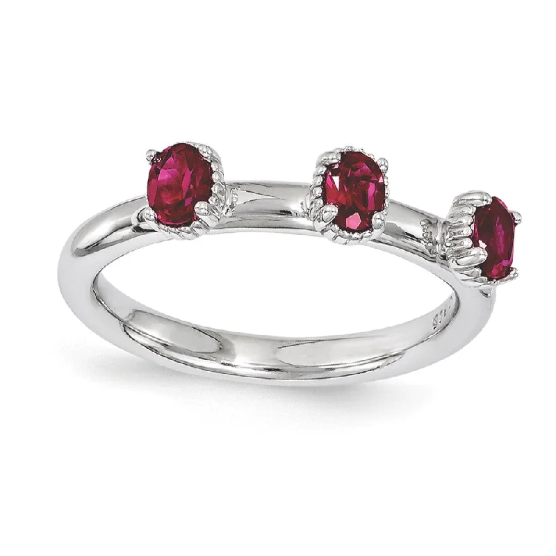 Clearance Sale On High-End Jewelry Collections Sterling Silver Stackable Created Ruby Oval Three Stone Ring