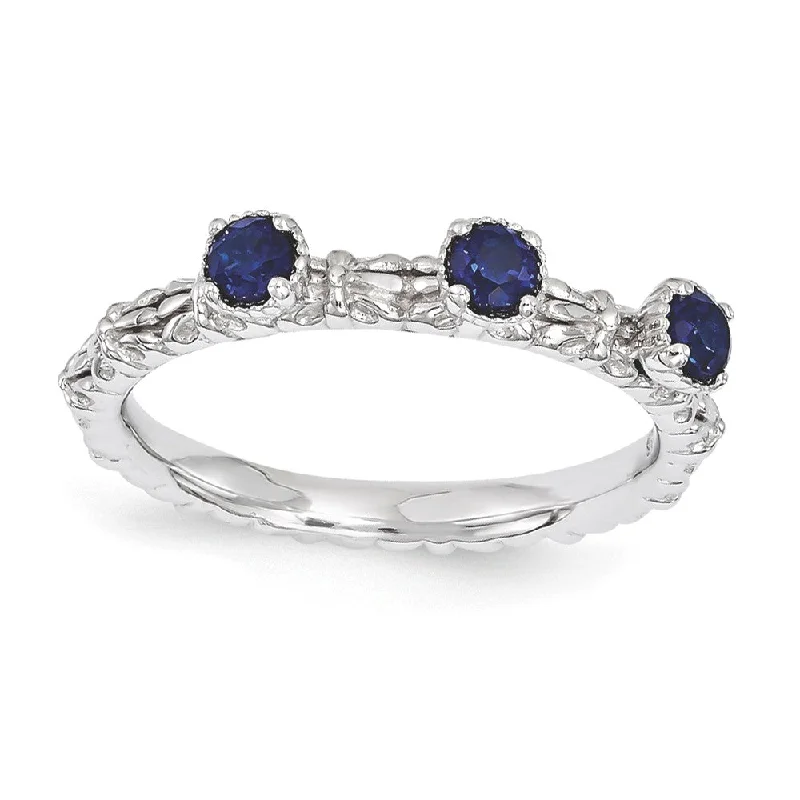 Exclusive Jewelry Sale – Sparkle For Less Sterling Silver Stackable Created Sapphire Round Three Stone Ring