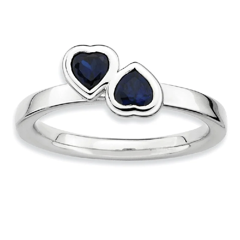 Handcrafted Beauty At Affordable Prices Sterling Silver Stackable Double Heart Created Sapphire Ring