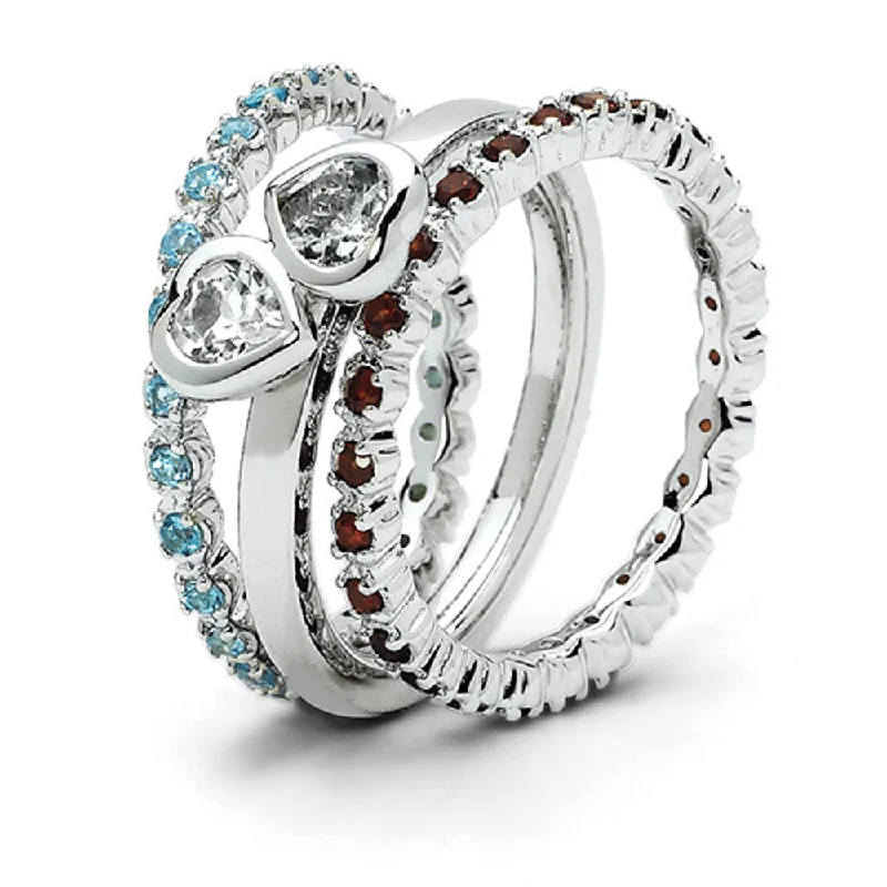 Sterling Silver Stackable Genuine Gemstone Trio Heart Ring Set