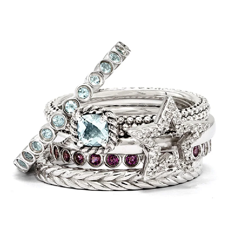 Sterling Silver Stackable Shining Diamond Star & Gemstone Ring Set