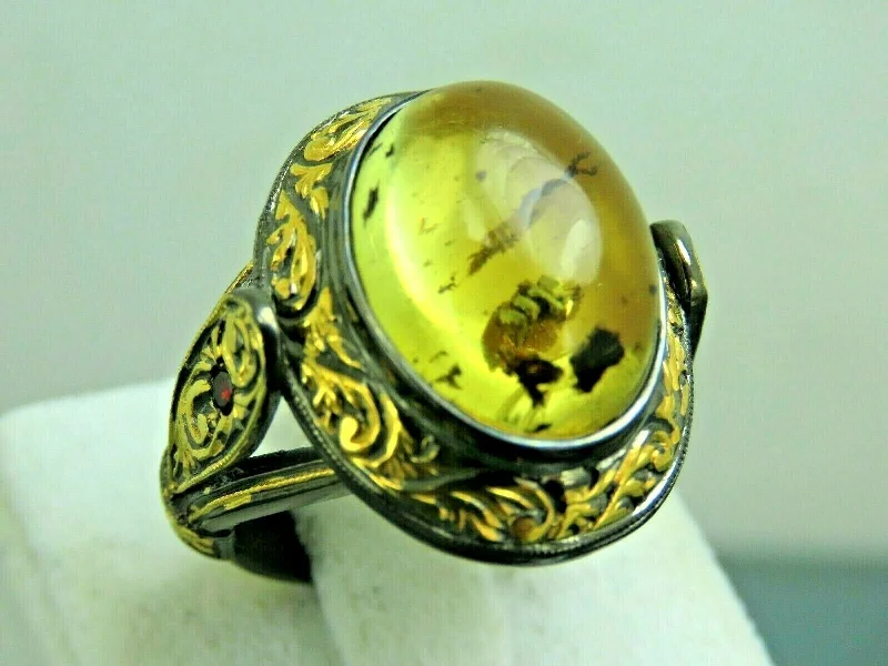 Turkish Handmade Jewelry 925 Sterling Silver Amber Stone Engraved Mens Rings