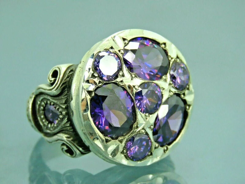 Turkish Handmade Jewelry 925 Sterling Silver Amethyst Stone Engraved Mens Rings