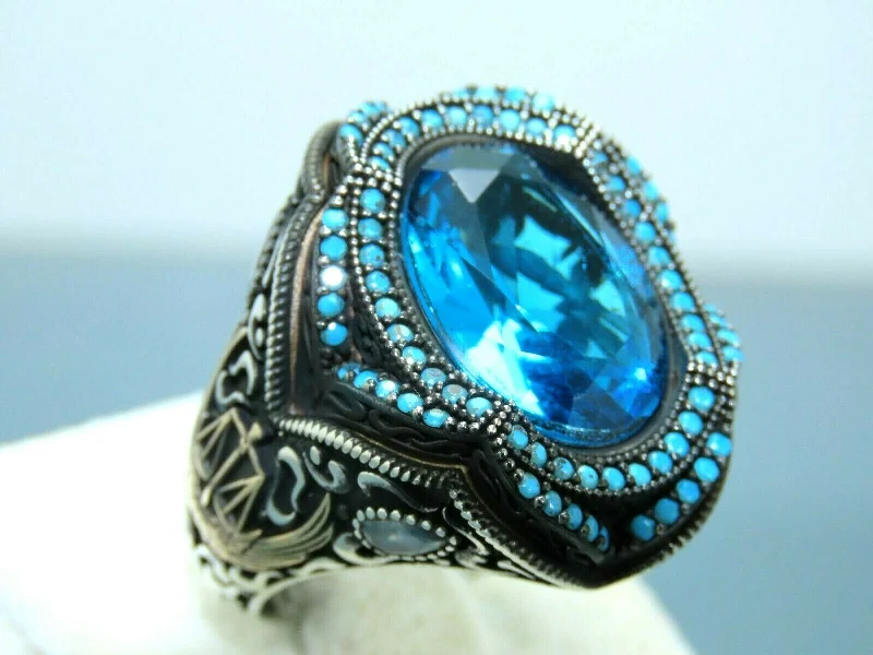 Turkish Handmade Jewelry 925 Sterling Silver Aquamarine Stone Mens Rings