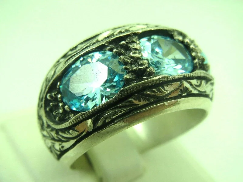 Turkish Handmade Jewelry 925 Sterling Silver Aquamarine Stone Mens Rings