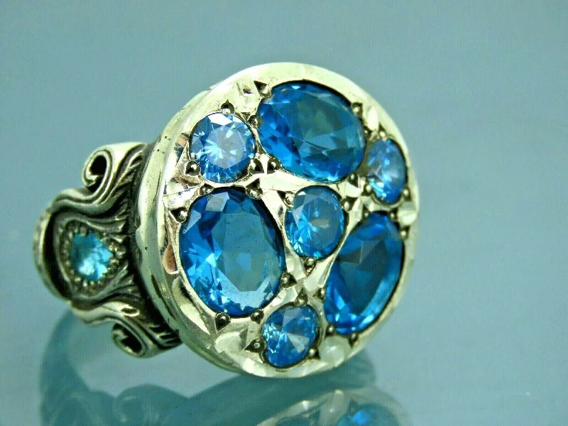 Turkish Handmade Jewelry 925 Sterling Silver Aquamarine Stone Mens Rings