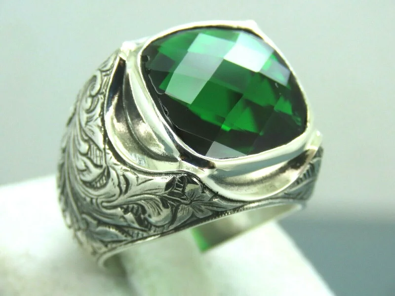 Turkish Handmade Jewelry 925 Sterling Silver Emerald Stone Mens Rings