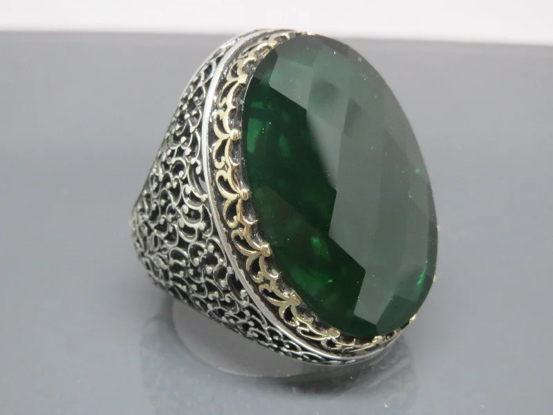 Turkish Handmade Jewelry 925 Sterling Silver Emerald Stone Mens Rings