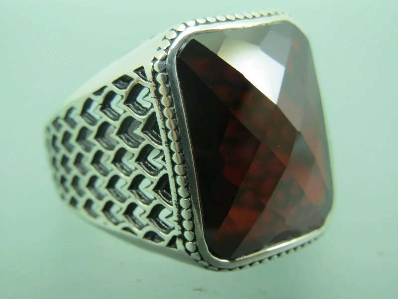 Affordable Gold-Plated Jewelry For Modern Fashion Turkish Handmade Jewelry 925 Sterling Silver Garnet Stone Mens Rings