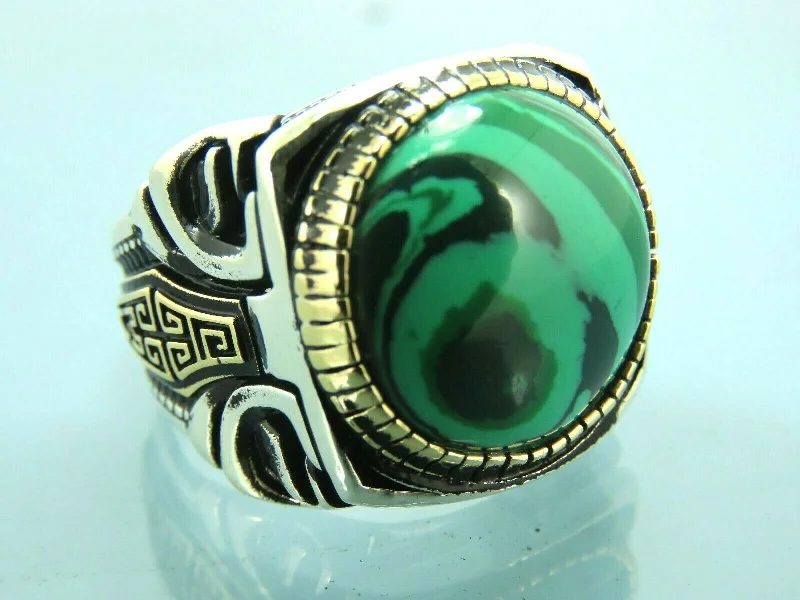 Turkish Handmade Jewelry 925 Sterling Silver Malachite Stone Men's Rings