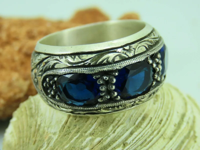 Turkish Handmade Jewelry 925 Sterling Silver Sapphire Stone Mens Rings