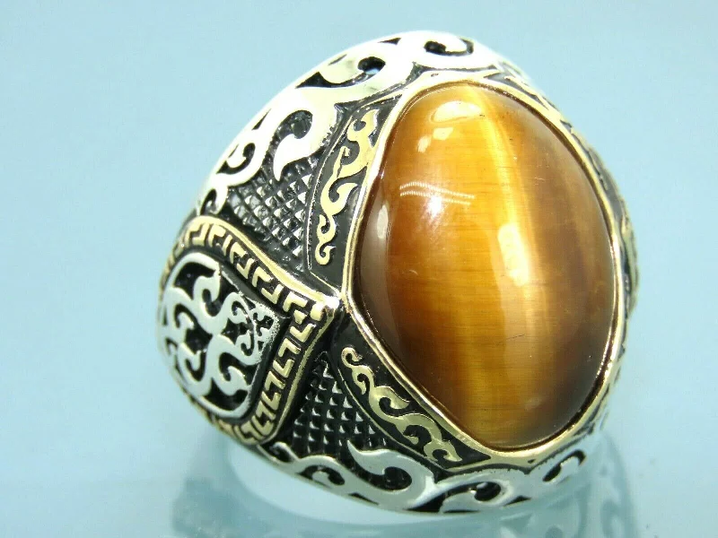 Turkish Handmade Jewelry 925 Sterling Silver Tiger's Eye Stone Mens Rings