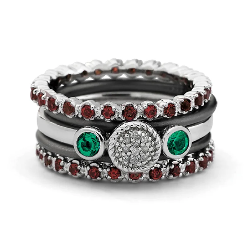 Two Tone Sterling Silver Garnet Eternity Stackable Ring Set