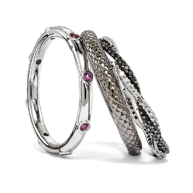 Two Tone Sterling Silver, Rhod. Garnet & Diamond Stackable Ring Set