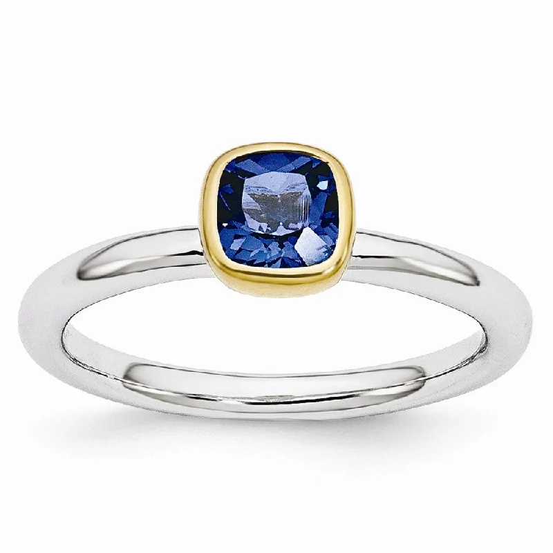 Buy More, Save More On Stunning Jewelry Designs Two Tone Sterling Silver Stackable 5mm Cushion Created Sapphire Ring