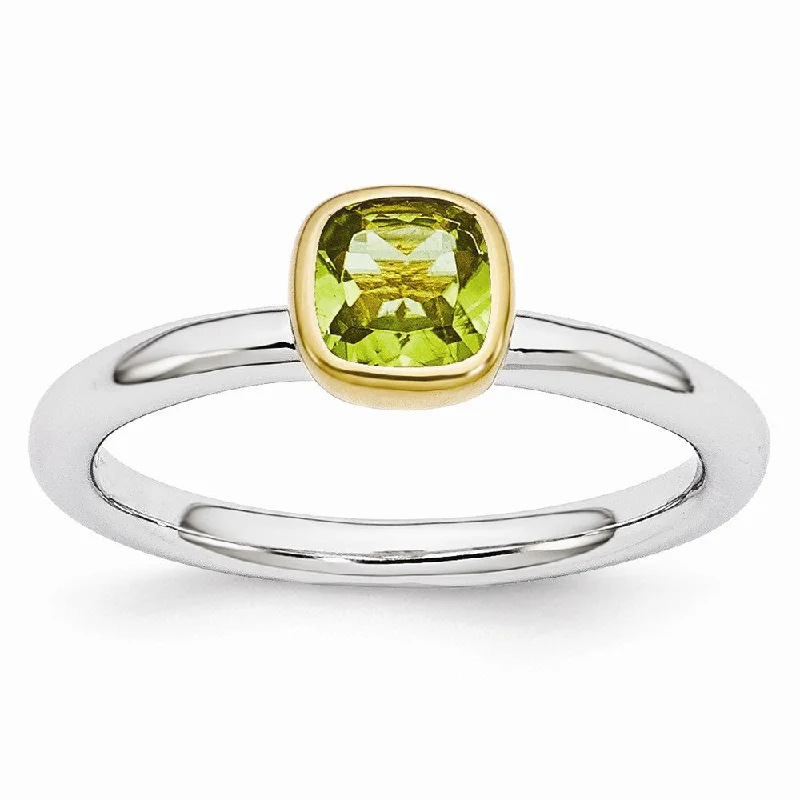 Premium Diamond Jewelry For Unforgettable Moments Two Tone Sterling Silver Stackable 5mm Cushion Peridot Ring