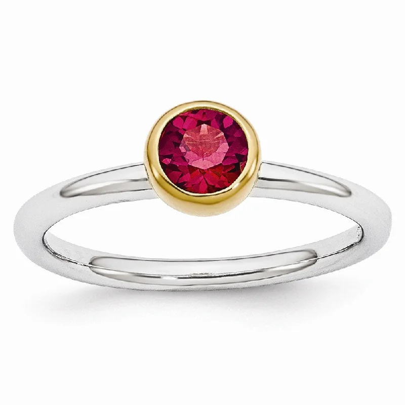 Romantic Heart-Shaped Jewelry For Special Gifts Two Tone Sterling Silver Stackable 5mm Round Created Ruby Ring