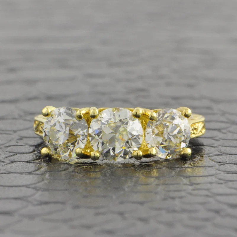 Vintage Inspired Three Stone Old European Cut Diamond Ring in 18k Yellow Gold