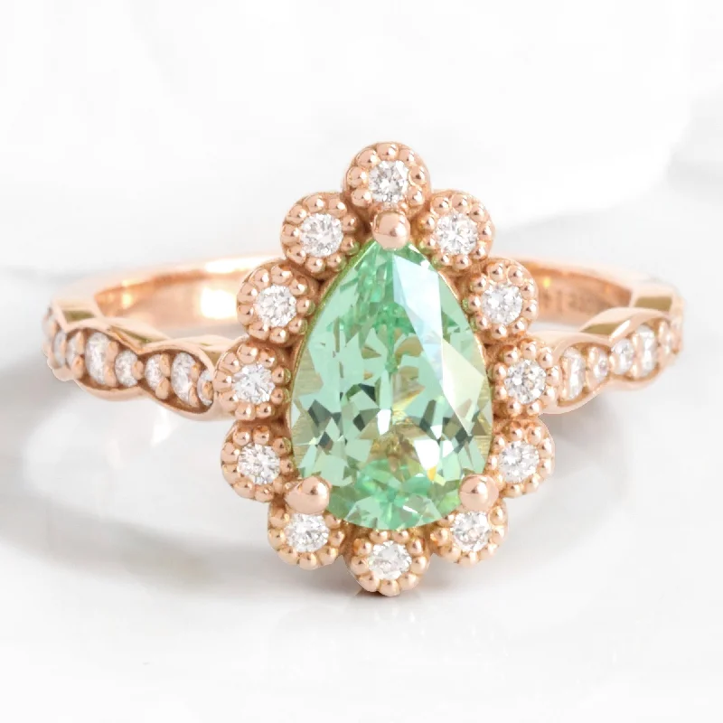 Limited-Time Offer On Premium Jewelry Collections Pear Seafoam Green Sapphire Ring in Vintage Luna Halo Diamond Ring Limited-Time Offer On Premium Jewelry Collections Pear Seafoam Green Sapphire Ring in Vintage Luna Halo Diamond Ring
