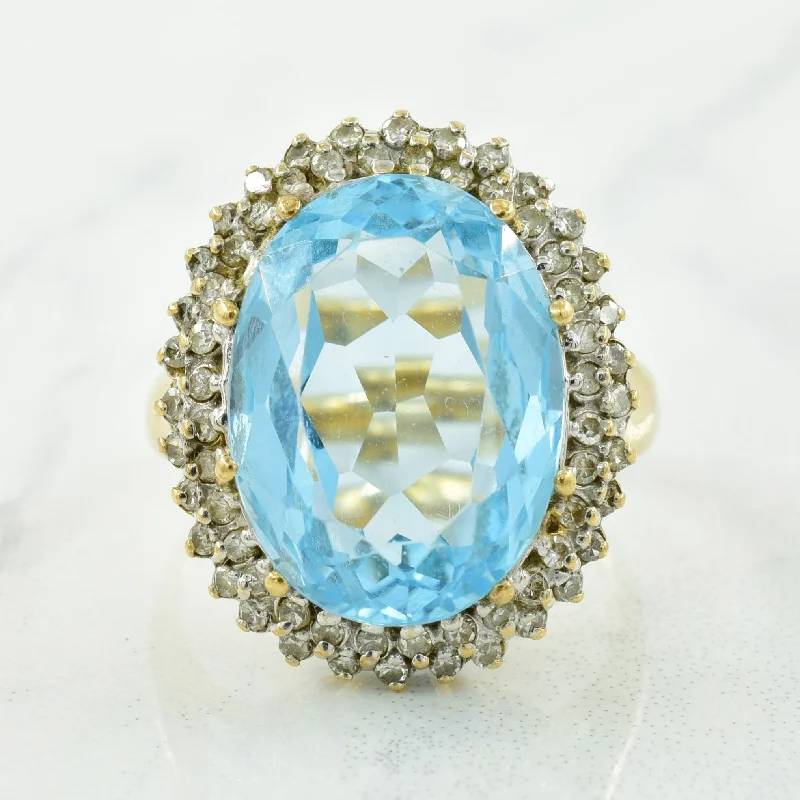 Elevate Your Outfit With Discounted Statement Jewelry Blue Topaz & Diamond Halo Ring | 12.00ct, 0.32ctw | SZ 7 |