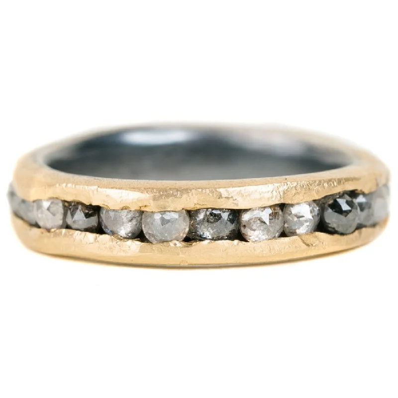 High-Quality Jewelry At A Fraction Of The Cost Channel Set Band with Rose Cut Diamonds- 18ky Gold, Oxidized Silver + Salt and Pepper Diamonds High-Quality Jewelry At A Fraction Of The Cost Channel Set Band with Rose Cut Diamonds- 18ky Gold, Oxidized Silver + Salt and Pepper Diamonds