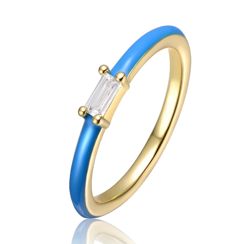 Sparkle In Style With Our Best Jewelry Deals Girls/Teens 14k Yellow Gold Plated with Cubic Zirconia Baguette Solitaire Magenta-Blue Enamel Slim Stacking Ring