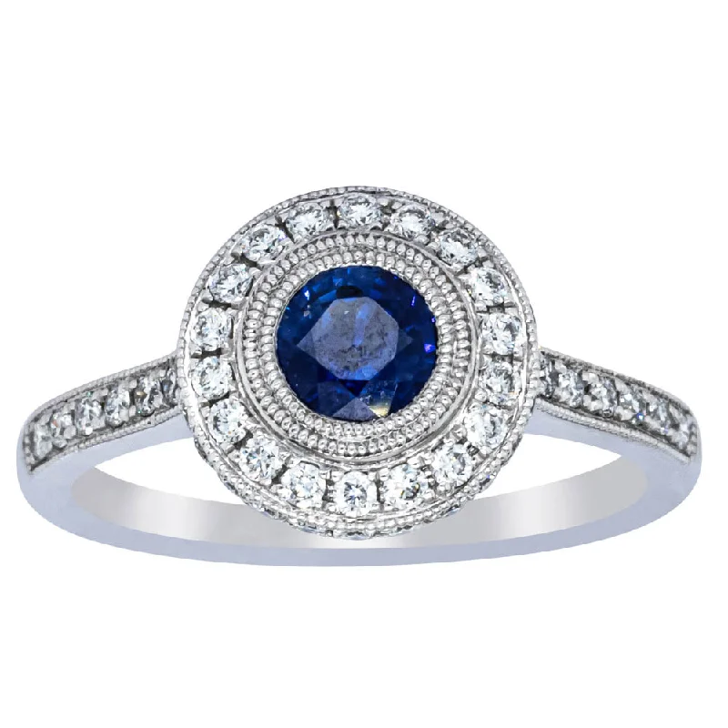 Exclusive Online Discounts On Stylish Jewelry Platinum .65ct Sapphire & Diamond Halo Ring