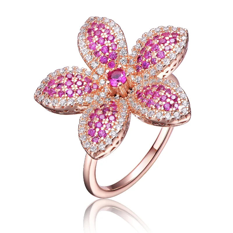 Your Dream Jewelry At Dream Prices – Shop Now Sterling Silver 18K Rose Plated Clear and Ruby Cubic Zirconia Flower Coctail Ring