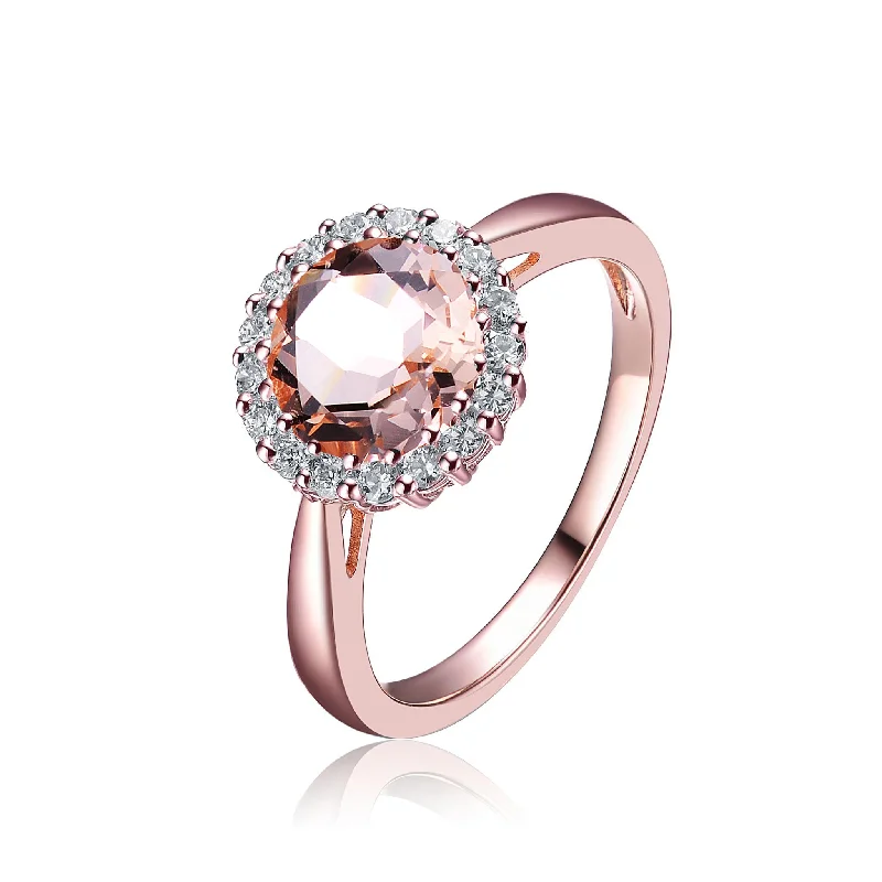 Shop Modern Jewelry Collections With Exclusive Discounts Sterling Silver with Rose Gold Plated Halo Round Morganite Pink Cubic Zirconia Solitaire Ring