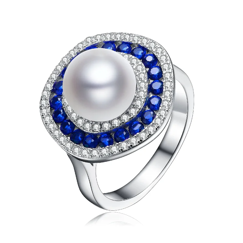 Fashion-Forward Geometric Jewelry For Contemporary Style Sterling Silver Sapphire and Cubic Zirconia Pearl Limited Time Special Ring Fashion-Forward Geometric Jewelry For Contemporary Style Sterling Silver Sapphire and Cubic Zirconia Pearl Limited Time Special Ring
