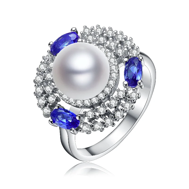 Trendy And Classic Jewelry Now At Reduced Prices Sterling Silver Sapphire, Clear Cubic Zirconia, and Pearl Limited Time Special Ring