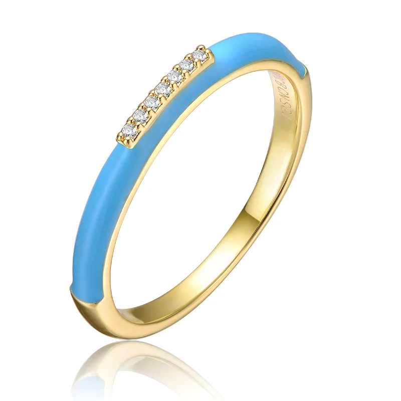 Romantic Heart-Shaped Jewelry For Special Gifts Young Adults/Teens Sterling Silver 14k Yellow Gold Plated with Cubic Zirconia Blue Enamel Slim Stacking Band Ring Romantic Heart-Shaped Jewelry For Special Gifts Young Adults/Teens Sterling Silver 14k Yellow Gold Plated with Cubic Zirconia Blue Enamel Slim Stacking Band Ring