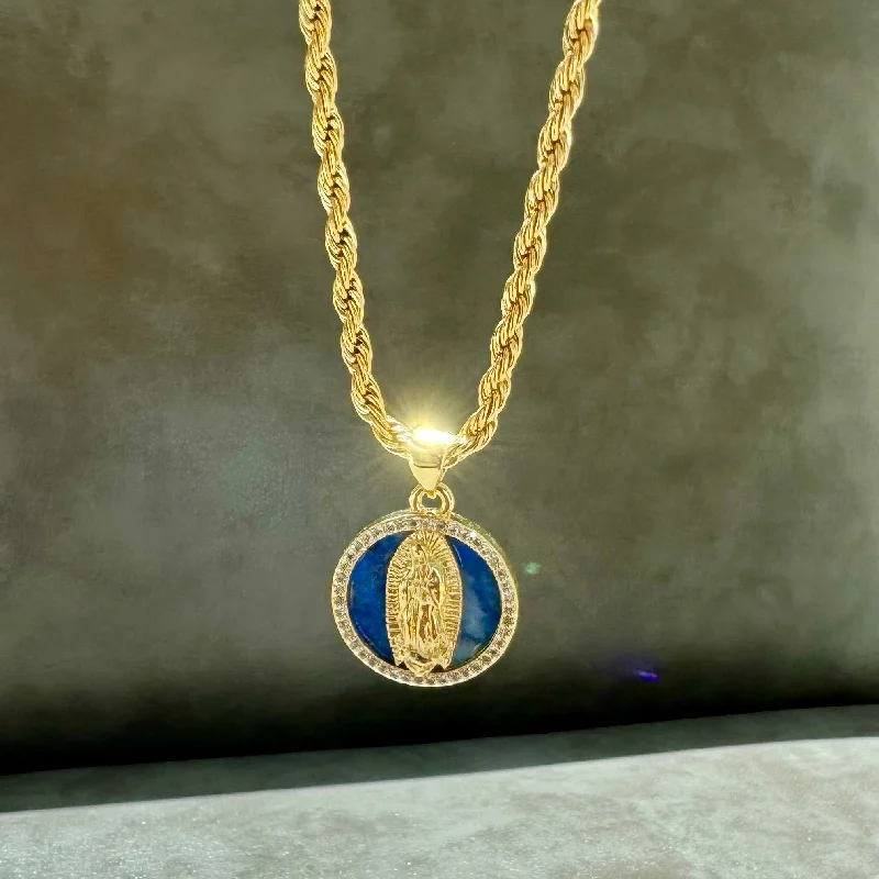 Elevate Your Outfit With Discounted Statement Jewelry Blue Virgin Mary Necklace