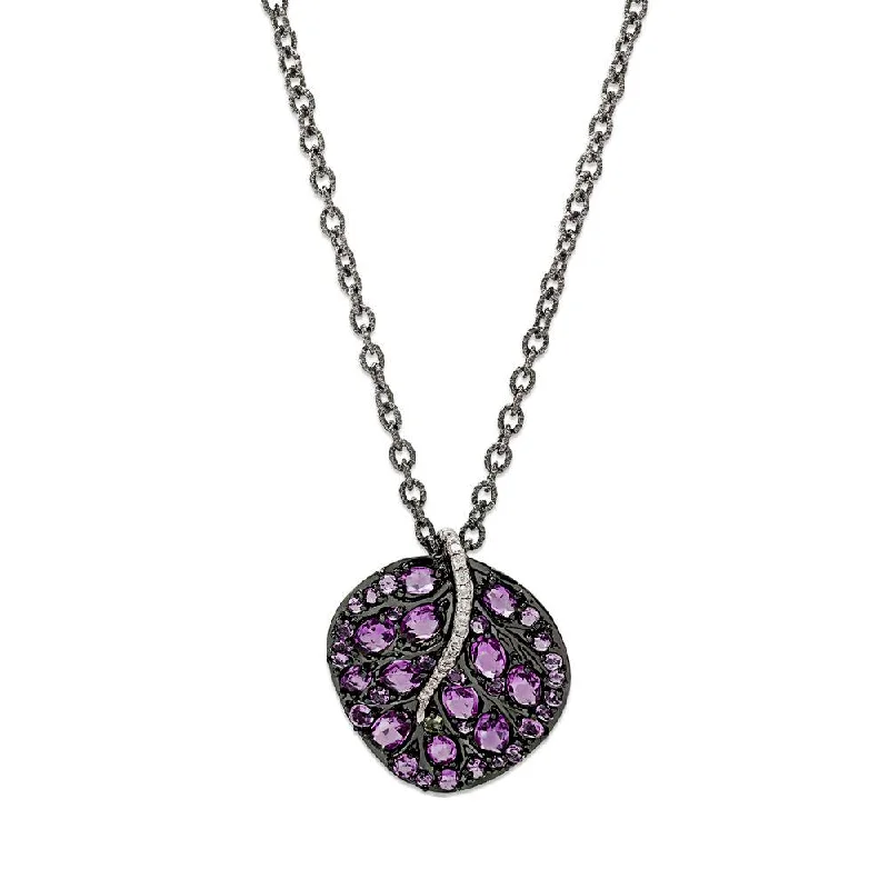 Dainty Floral Jewelry For Feminine Elegance Botanical Leaf 32mm Necklace with Amethyst and Diamonds