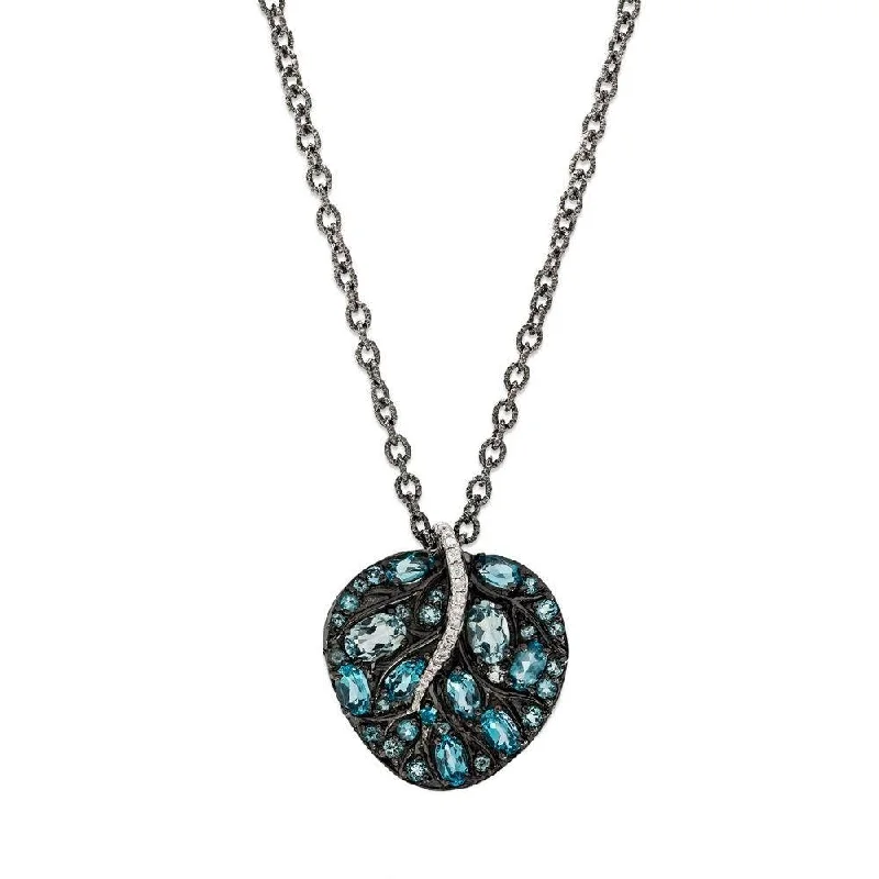 Final Call For Exquisite Jewelry At Reduced Rates Botanical Leaf Small Pendant w/ Blue Topaz & Diamonds in Black Rhodium Sterling Silver