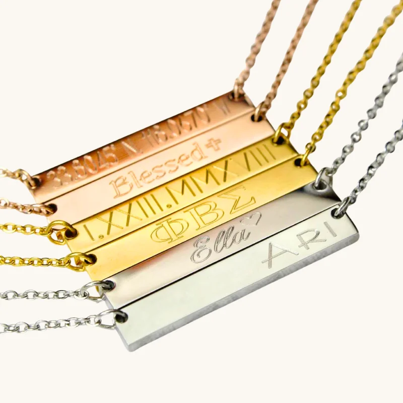 High-End Sparkle, Low-End Prices – Shop Now Engraved Horizontal Bar Necklace