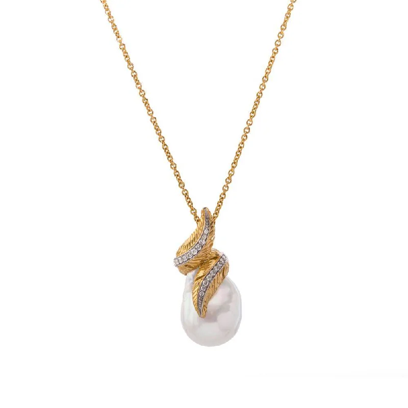 Gorgeous Jewelry, Limited-Time Savings Feather Wrap Necklace with Pearl & Diamonds in 18K Yellow Gold