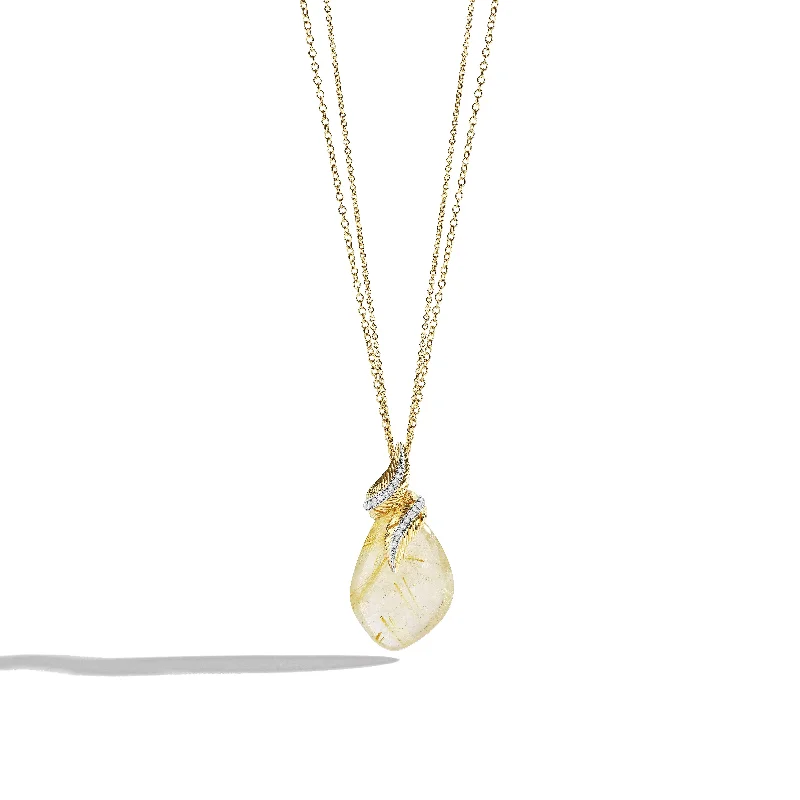 Fashion-Forward Geometric Jewelry For Contemporary Style Feather Wrap Necklace w/ Rutilated Quartz & Diamonds in 18K Yellow Gold Fashion-Forward Geometric Jewelry For Contemporary Style Feather Wrap Necklace w/ Rutilated Quartz & Diamonds in 18K Yellow Gold