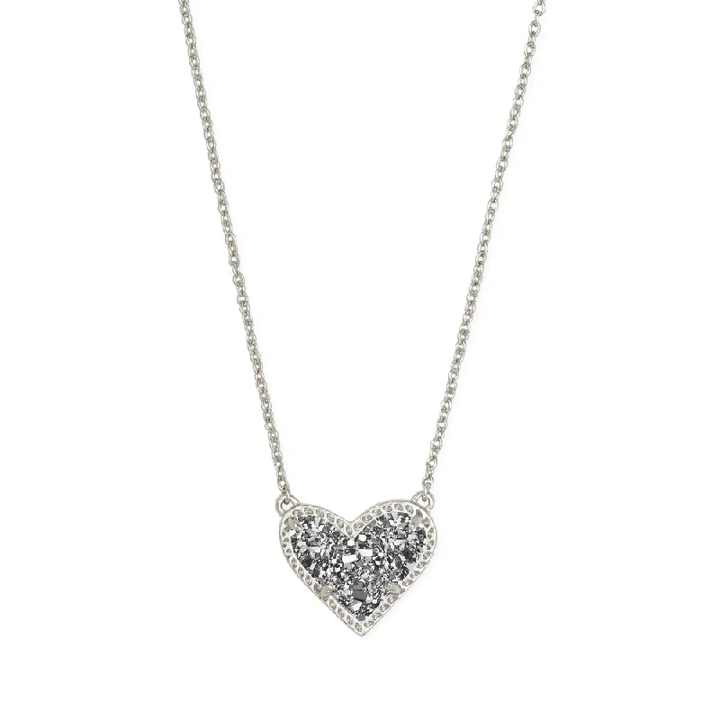 Premium Jewelry At Special Low Prices For A Limited Time Kendra Scott Ari Heart Rhodium Short Pendant Necklace in Platinum Drusy